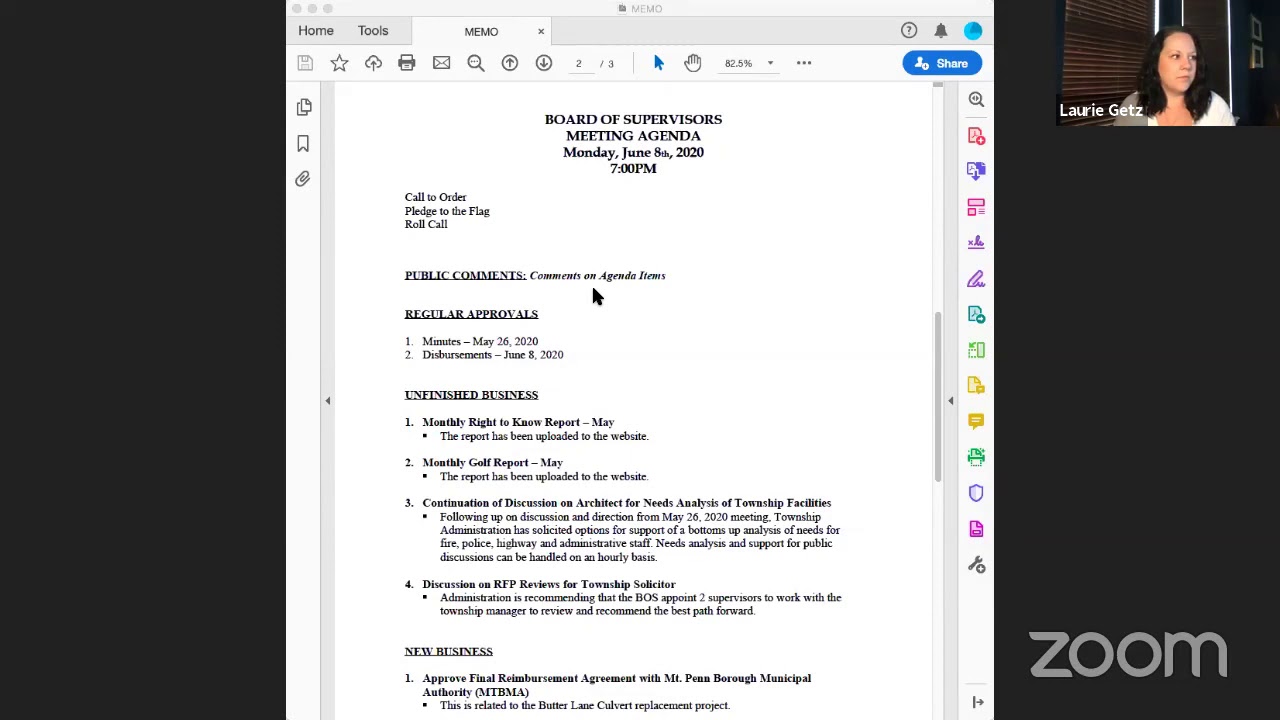 June 8, 2020 Exeter Township Board of Supervisors Meeting